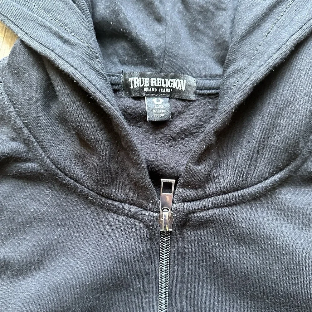 True Religion Zip Hoodie Mens Large Black Red Buddha Silicone Seal 700887R Read